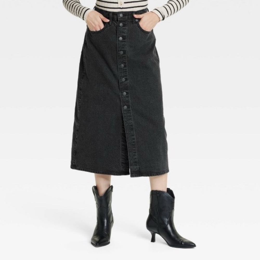 Universal Thread Women Black A Line Denim Button Front Slit Midi Skirt Size 17
